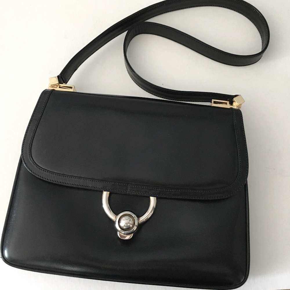 Gucci Black Leather Handbag 2 Way Straps 1980's Vintage